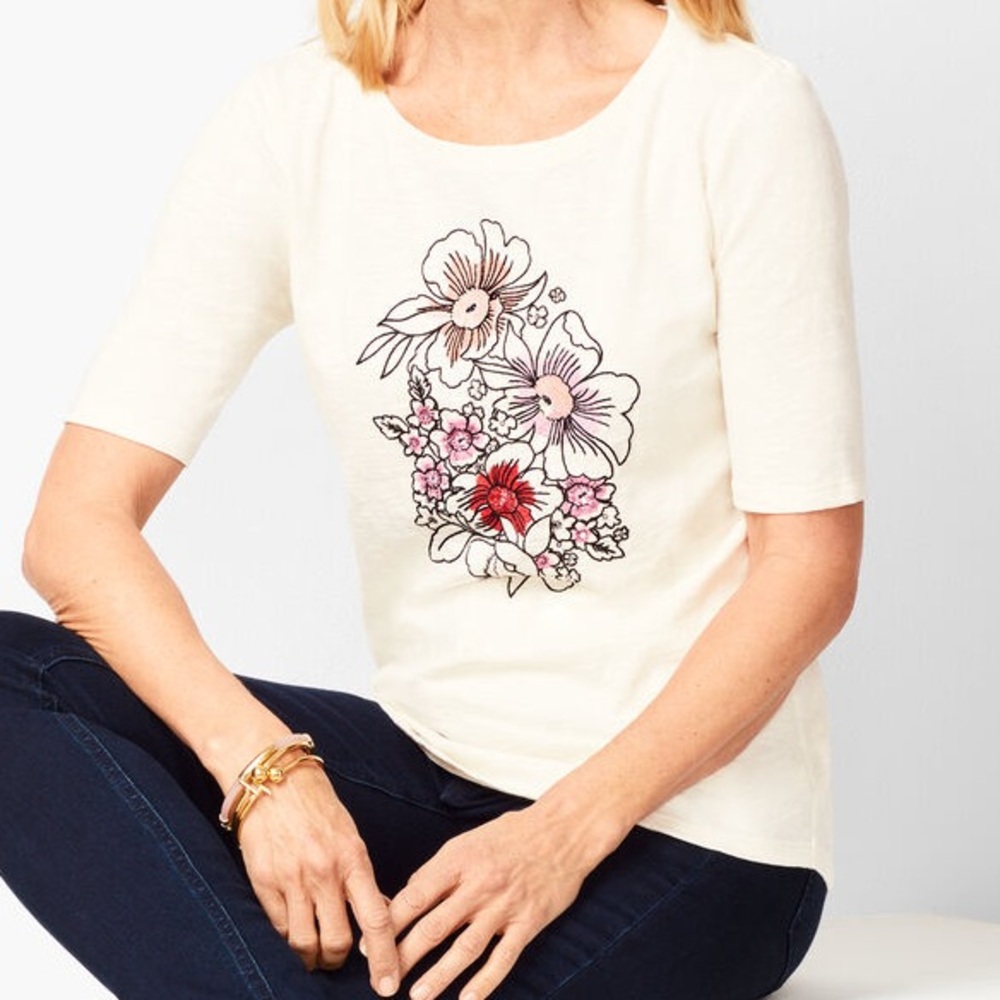 Talbots Cream Floral Motif Tee - Size XS - NWOT